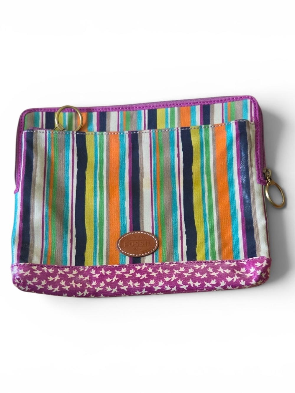 Fossil Multicolor Striped Canvas Pouch with Purple Bird Trim